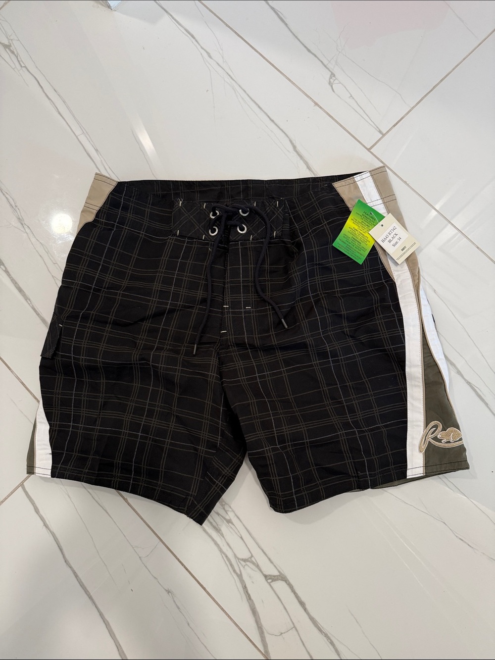 Roots Black Plaid Swim Board Shorts with Tan & White Side Panels
